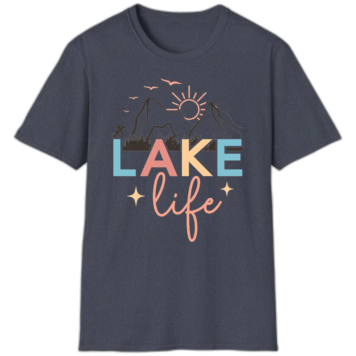 Mountain Lake Life Typography T-Shirt in Heather Navy
